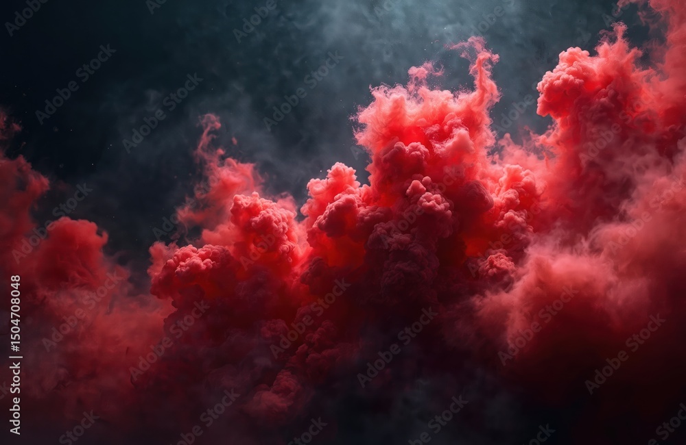 Poster abstract background with red smoke on dark sky. swirling ink explosion, vibrant colors create fluid 