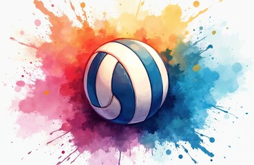 Watercolor illustration of volleyball ball. Sport concept on colorful splash background. Artistic design features blue, white ball, vibrant multi-color splashes. Perfect for sport related themes.