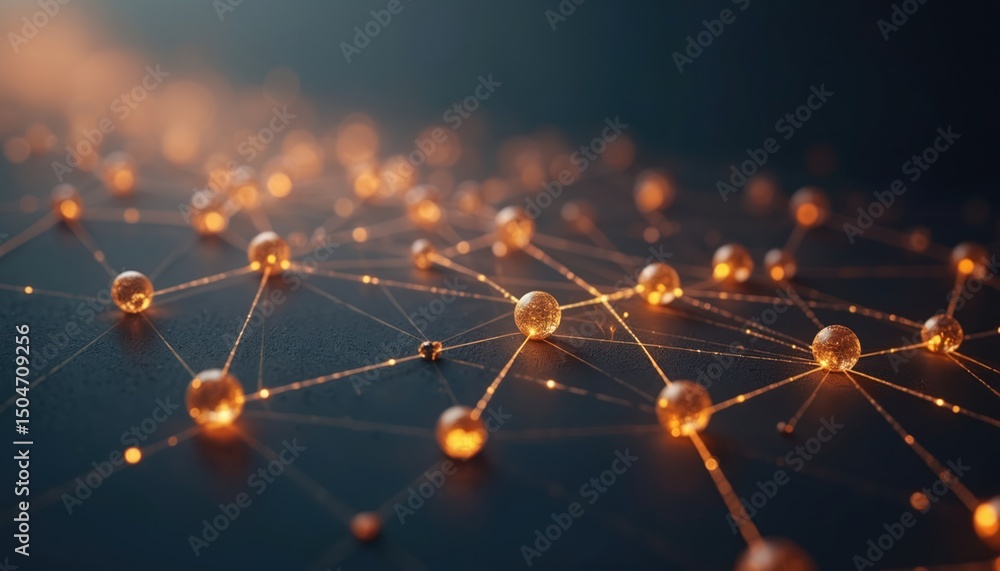 Poster Glowing chart with interconnected lines and spheres forming a network. Symbolizes collaborative teamwork, business organization, global connection, data analysis, information technology.