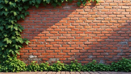Rustic red brick wall with green ivy vines. Old weathered textured brickwork background, exterior design, building facade, nature landscape. Gardening eco concept, copy space.
