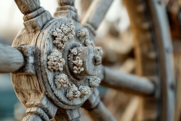 Close-up of an old wooden wheel, weathered and covered with unusual, bulbous growths. The wheel's texture shows age.