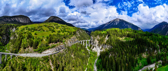 the famous swiss landwasser bridge of the rhaetische railway company panorama