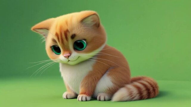 Cute 3D cartoon fluffy cat with big green eyes sitting, happy pet, Adorable animated orange and white kitten, playful and charming, Sweet 3D illustration of a domestic feline, purfect for kids, Chubby