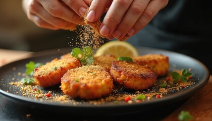 Female chef sprinkles seasoning on golden cutlets. Food ready to serve on plate for customers in restaurant. Close-up of cook hands. Delicious fresh dish. Culinary art.