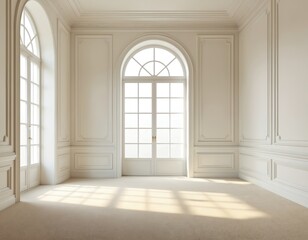 Fototapeta premium Empty sunlit classic room with bright daylight windows. White walls, wooden doors, light floor, luxury design. Contemporary style, home decor, apartment interior concept. Architectural background.