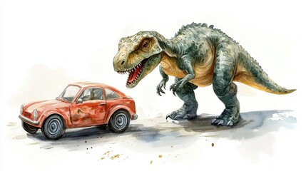 dinosaur playing with toy car, watercolor character, white background