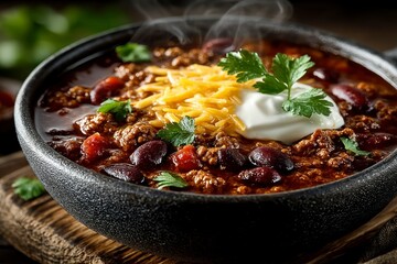 Hearty Chili with Toppings in a Bowl Steamy and Comforting Perfect for Food Photography Culi