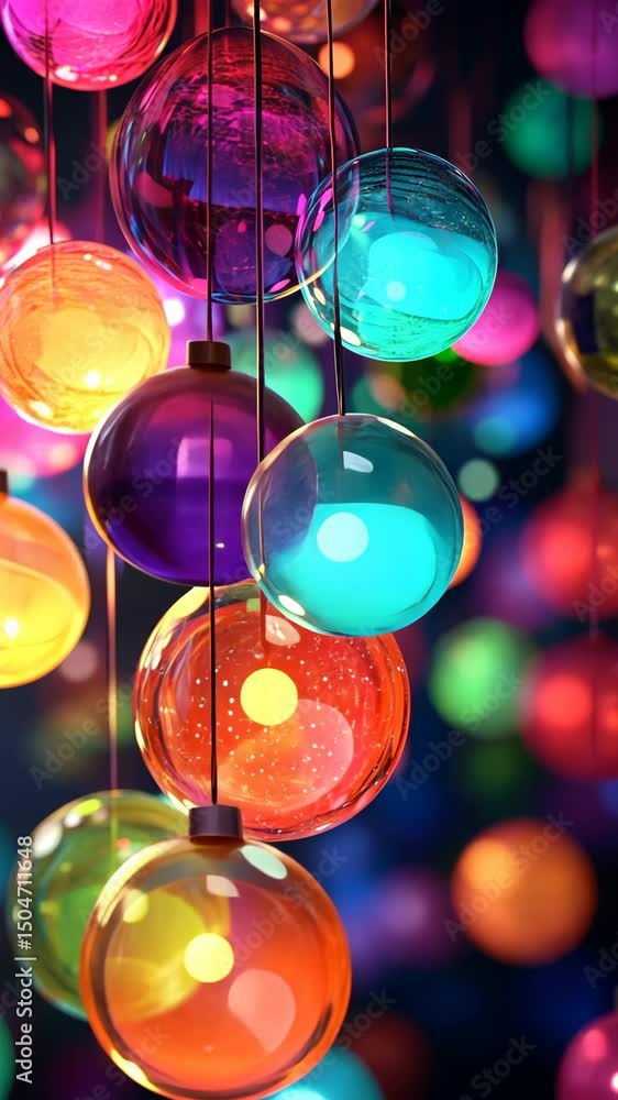 Poster rotating colorful spheres glowing in motion, dynamic movement. vertical