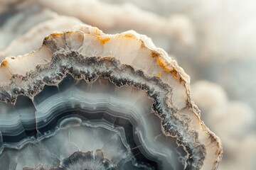 Fototapeta premium Close-up of a sliced geode featuring bands of white, gray, and black, revealing the unique patterns of this rock formation.