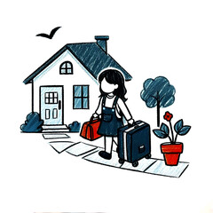 Girl walking with suitcase and bag outside home on journey  