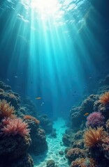 Obraz premium Underwater view of vibrant coral reef, clear blue water with sun rays, exotic fish swim around corals. Sea bottom, natural light, tropical marine life ecosystem.
