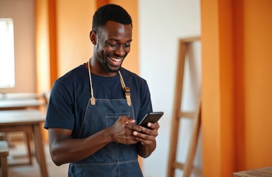 Smiling young African carpenter checks smartphone in workshop. Happy craftsman using phone, scrolling, chatting, texting. Black man in denim apron, dark blue t-shirt gets online. Tech, digital age, - Powered by Adobe