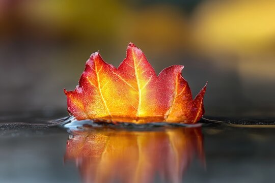 A vibrant red and yellow maple leaf gracefully floats on water, mirrored in its reflective surface, showcasing autumn's beauty.