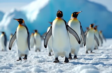 Fototapeta premium Group of penguins walking on snow covered terrain. Antarctic scene with icy landscape and frosty weather conditions. Wildlife birds waddle through snowy terrain, blue sky background. Winter adventure.