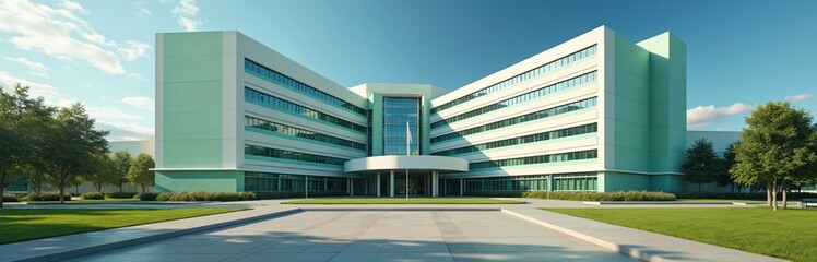 Modern hospital building exterior. Clinic facade, medical center. Healthcare infrastructure, clinical services complex. Daytime view of modern hospital. Green grass, blue sky. Commercial