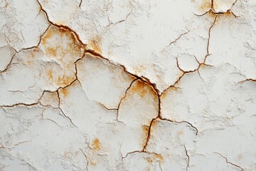 Obraz premium White paint peeling off surface reveals brown corrosion lines, showing aging and decay on a weathered surface.