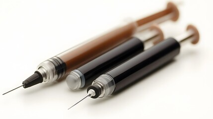 Fototapeta premium Medical Syringes Brown Black Ink Closeup Studio Shot