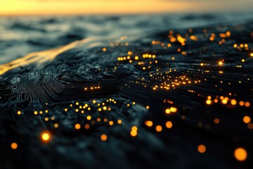 Abstract landscape with glowing lights resembling a futuristic cityscape, set against a blurred sunset horizon above the water.