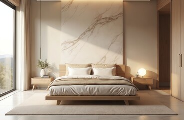 Minimalist bedroom interior with modern wooden furniture, large window. Marble wall decor, designer bed, pillows, bedside table with lamp, vase with greens. Apartment, hotel room design. Cozy,