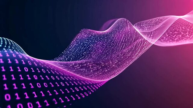 An abstract representation of flowing binary data in shades of pink and blue, creating a dynamic, wavy digital landscape