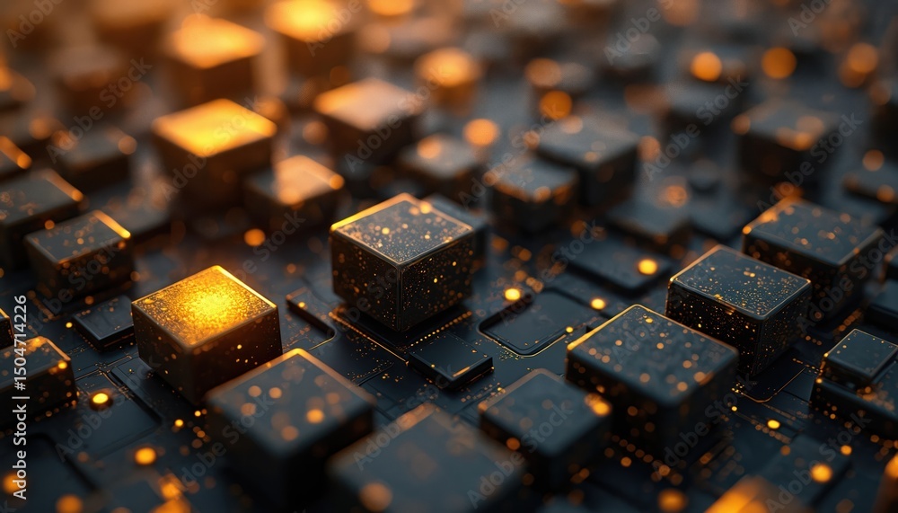 Poster abstract tech background with gold black cubes. high-tech digital futuristic design. 3d render illus
