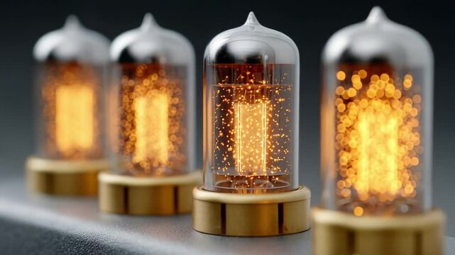 Illuminated Vacuum Tubes: An aesthetic display of vintage vacuum tubes, showcasing their glowing filaments in exquisite detail against a dark backdrop.