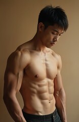 Fototapeta premium Portrait strong muscular Asian man studio. Athletic male model shirtless pose. Bodybuilder shows chest muscles. Fit, healthy, confident young adult posing, looking down.