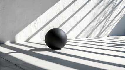 Floating matte black sphere on a white background, soft natural shadows, ultra minimal composition with strong contrast, 4K photorealistic