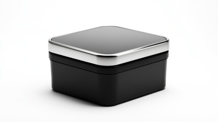 A sleek black and silver square stainless steel food container, isolated on white, showcasing its two stacked sections