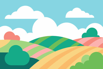 Fototapeta premium Vibrant vector illustration of a summer landscape with a rainbow, clouds, green grass, and blue sky