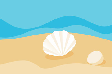 Tropical seashell on a sandy beach with ocean water and a summer sky