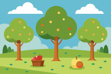 Fototapeta premium Spring nature landscape with a tree, flowers, and grass under a sunny sky