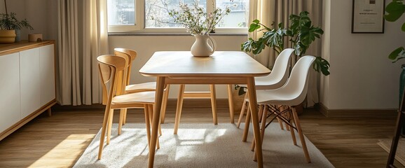 Bright and inviting dining area with natural light and contemporary furniture style