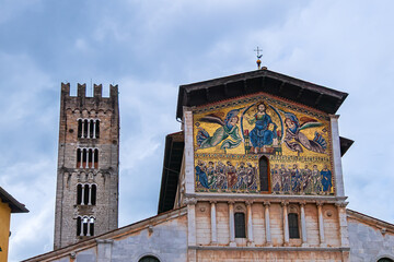 Romanesque Basilica of San Frediano (560 - 1112) with monumental golden mosaic on the façade,...
