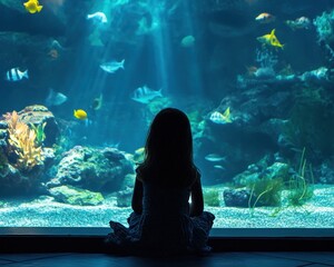 A small girl sits alone in front of a large aquarium, her silhouette watching fish swim gracefully within the glass tank