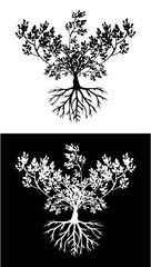 set of black silhouettes of trees roots
