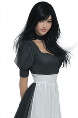 Fototapeta premium Young woman with black hair poses wearing a black and white maid outfit against a white background