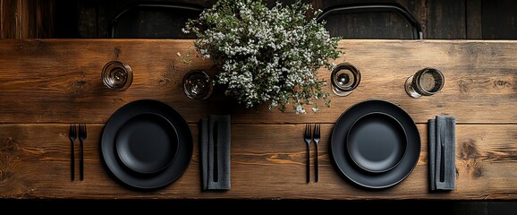 Elegant rustic table setting with black plates, glassware, and floral centerpiece