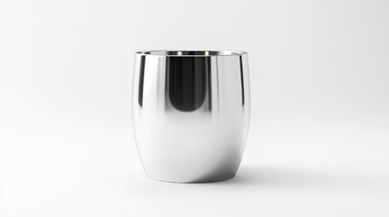 A stainless steel cup, polished and reflective, isolated on a pure white background, showcasing its sleek design