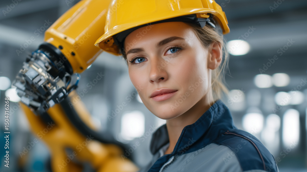 Poster female engineer programming robotic arm in factory setting, focused on advanced automation, modern i