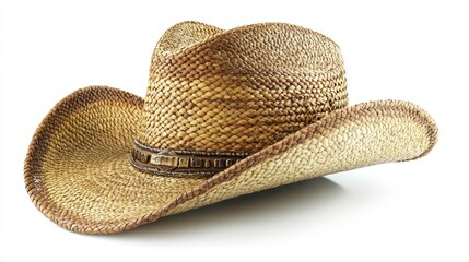 A straw cowboy hat, isolated on a white background, ideal for western apparel or summer fashion