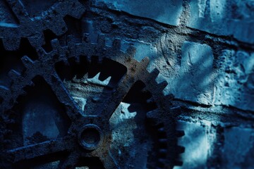 A close-up of rusty gears mounted on a weathered, blue-toned brick wall, creating an industrial, textured background.