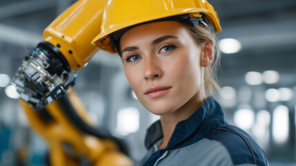Female engineer programming robotic arm in factory setting, focused on advanced automation, modern industrial environment, precision engineering in action, smart manufacturing tech