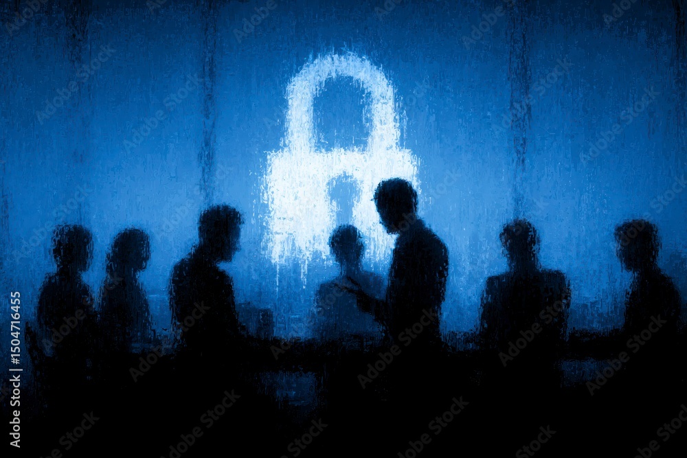 Poster silhouettes of a group in front of a glowing padlock symbolizing security and privacy