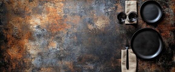 Elegant black tableware arrangement on a textured rustic background creating a sophisticated table setting