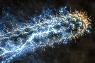 Obraz premium A vibrant cactus, illuminated by electric blue energy, radiates life and intensity against a dark, mysterious background.