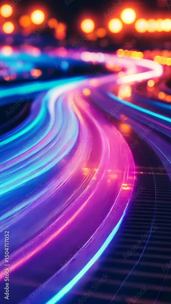 Poster dynamic neon waves creating swirling patterns, abstract motion, colorful design vertical
