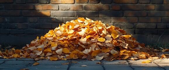 Autumn's Golden Embrace: Pile of Fallen Leaves against a Rustic Brick Wall backdrop