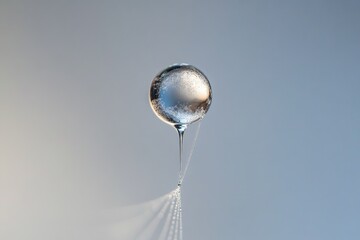 Obraz premium A captivating macro shot showcasing a glistening water droplet with trapped air bubbles, suspended delicately against a soft, dreamy blue backdrop.