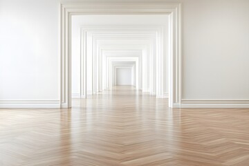 Endless White Hallway with Herringbone Wood Floor
